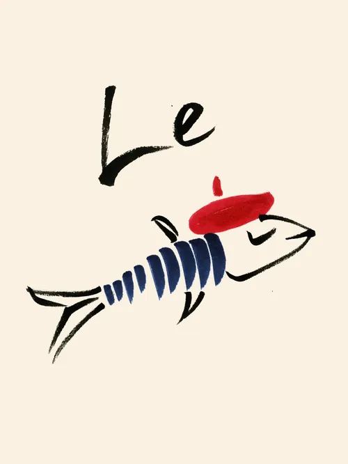 Minimalist fish illustration wearing red beret by Nadia Flower