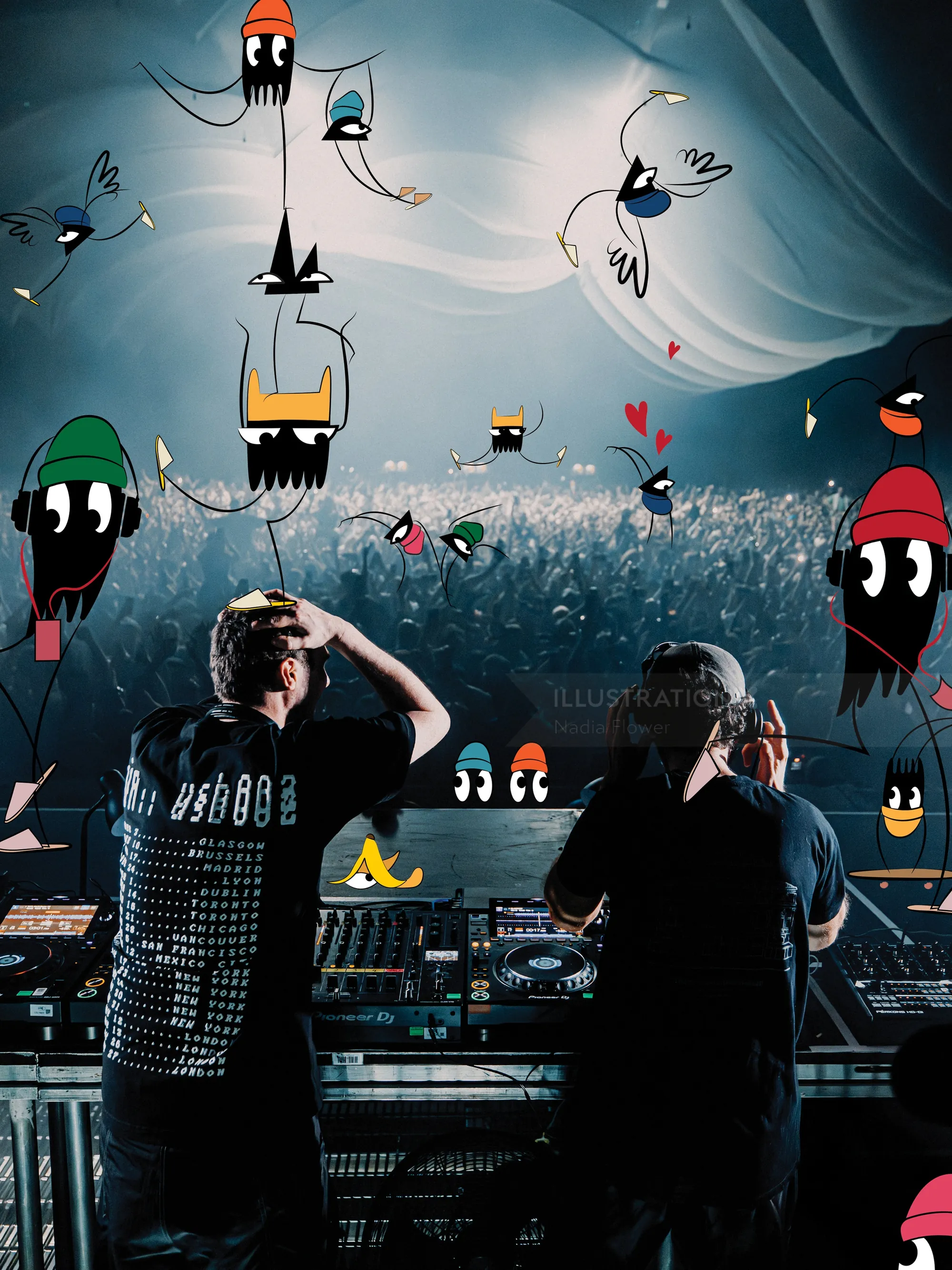 Two DJs performing with animated birds flying around, by Nadia Flower