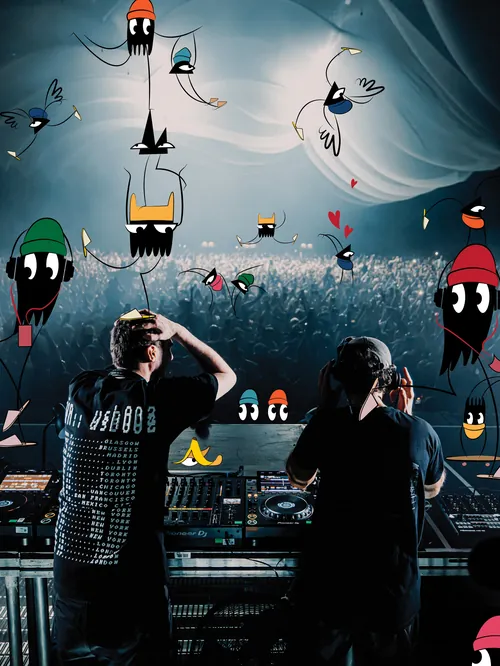 Two DJs performing with animated birds flying around, by Nadia Flower