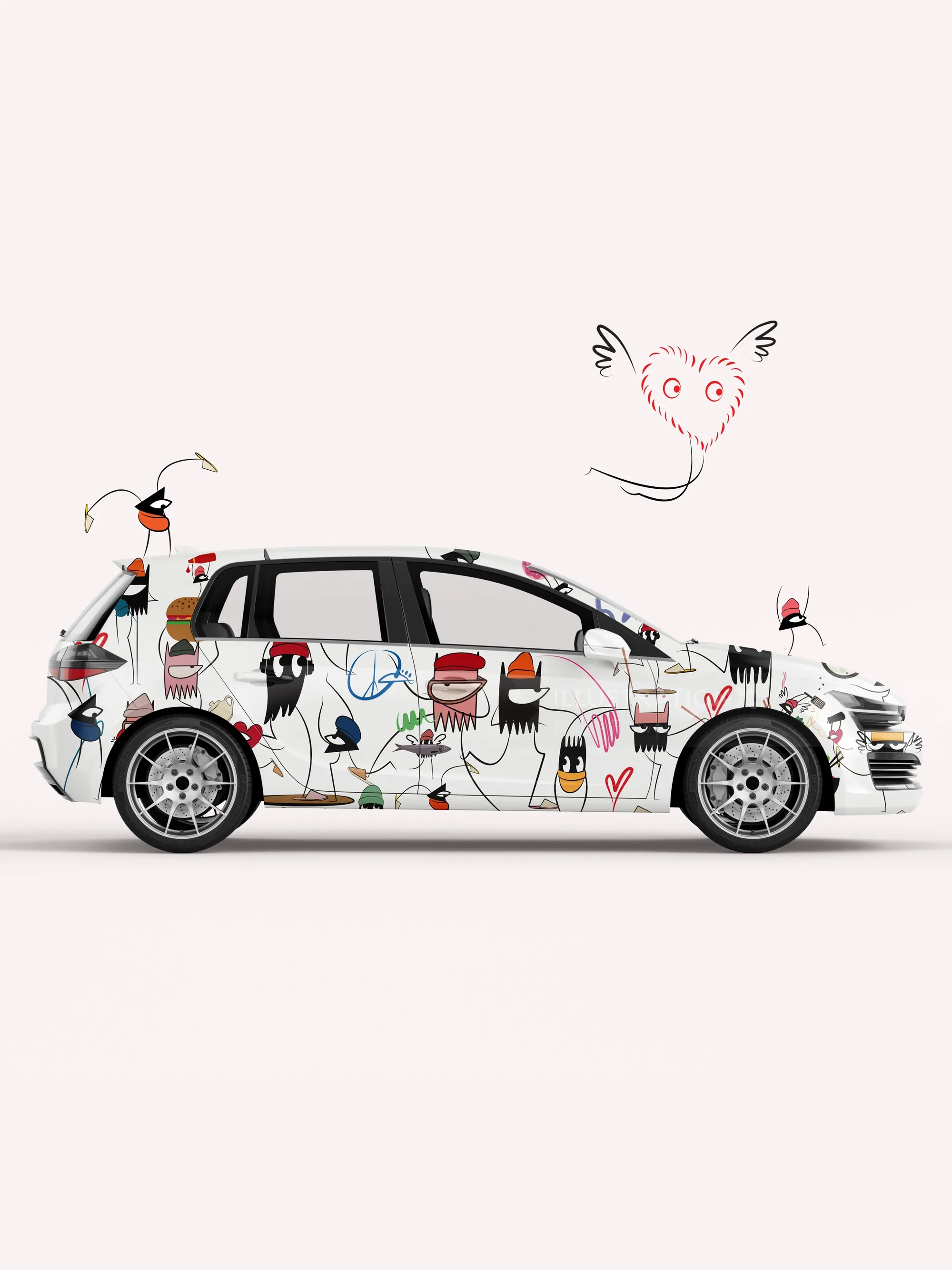 White car decorated with colorful abstract doodle art by Nadia Flower