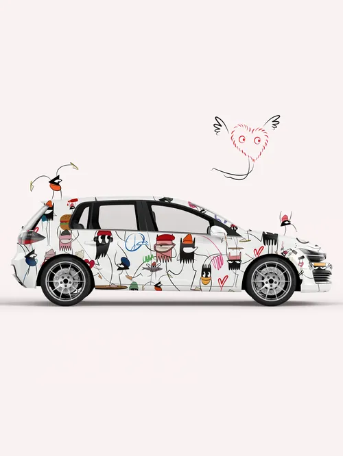 White car decorated with colorful abstract doodle art by Nadia Flower