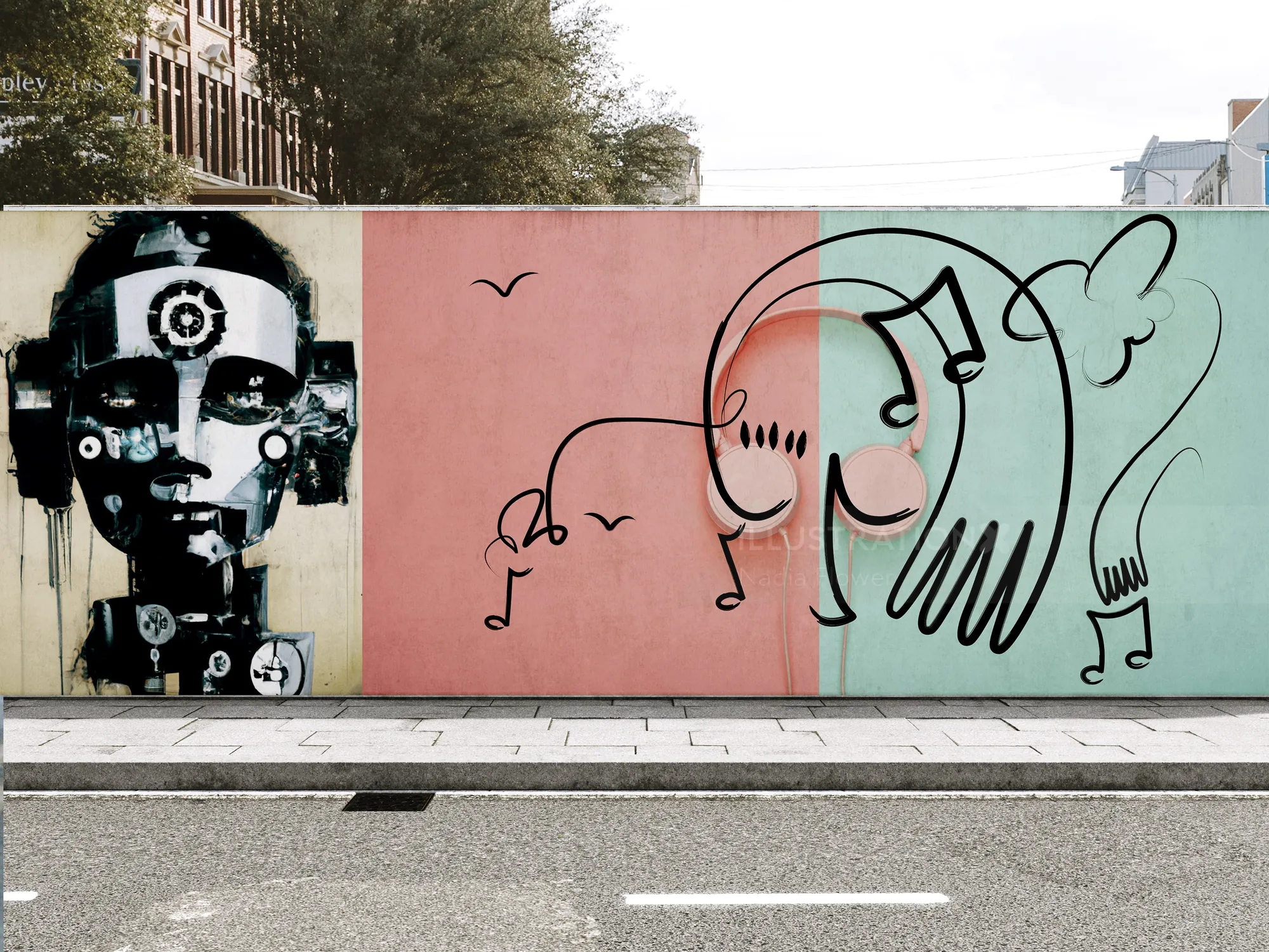 Abstract faces mural with musical notes by Nadia Flower