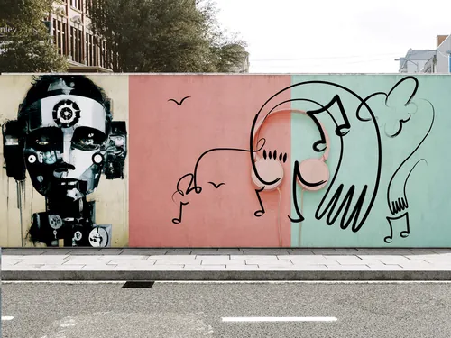 Abstract faces mural with musical notes by Nadia Flower