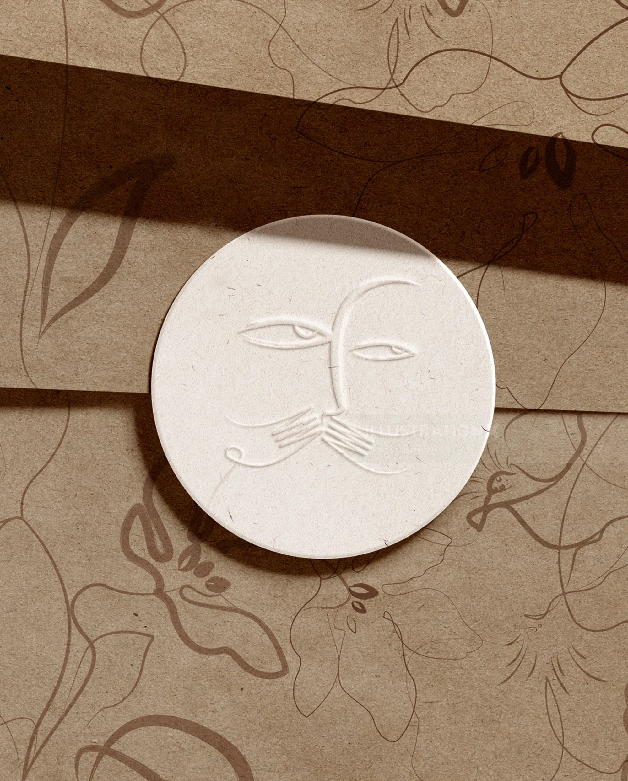 Minimalist white circular relief sculpture with abstract face by Nadia Flower