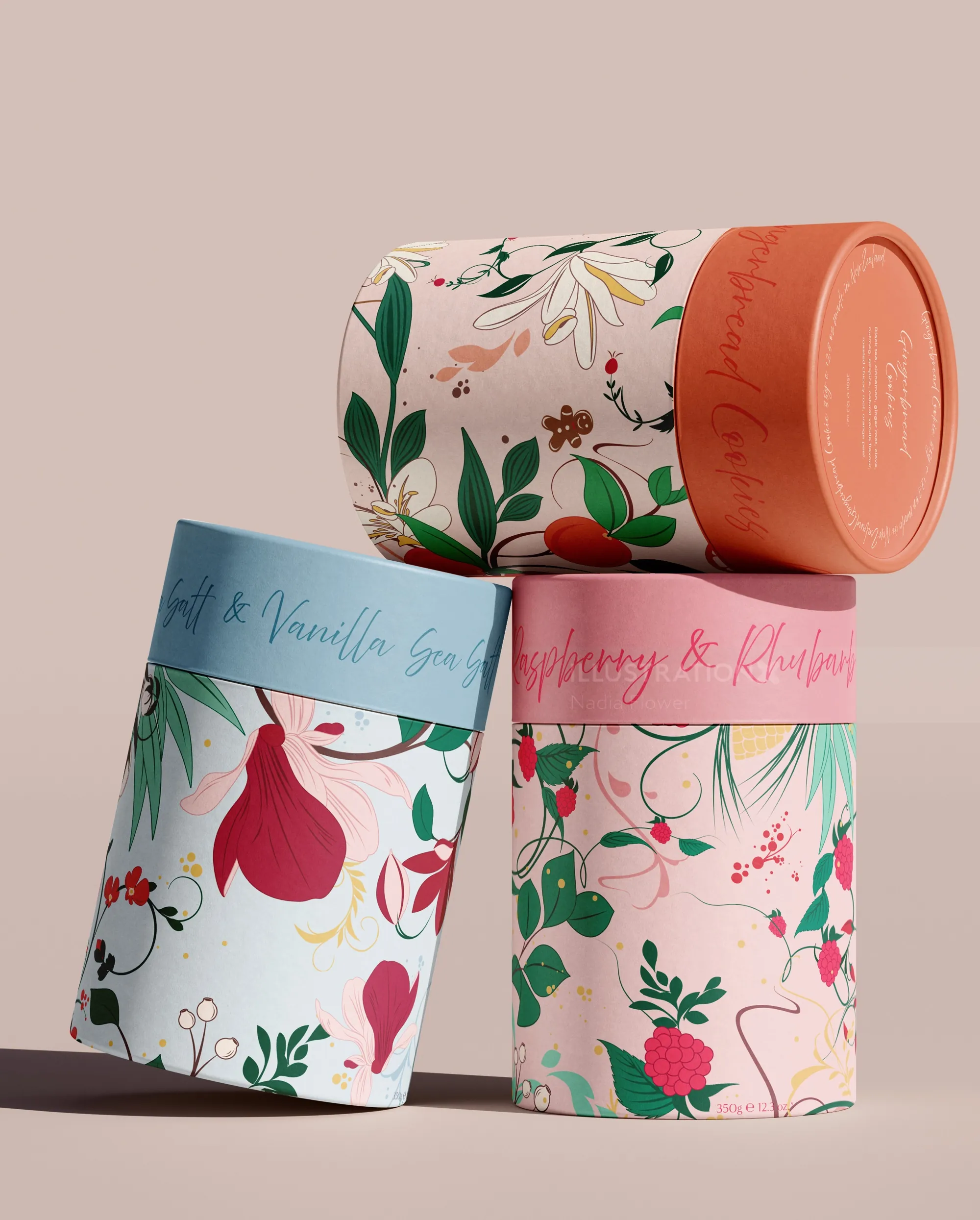 Colorful floral candle packaging with raspberry, vanilla, and rhubarb scents by Nadia Flower