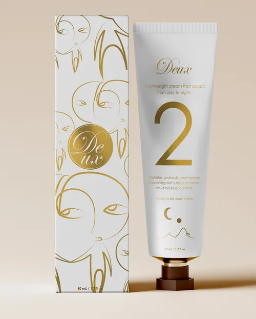 De Deux skincare cream tube and decorative box by Nadia Flower