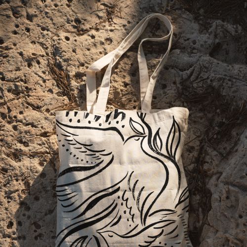 Canvas tote bag with abstract bird design by Nadia Flower