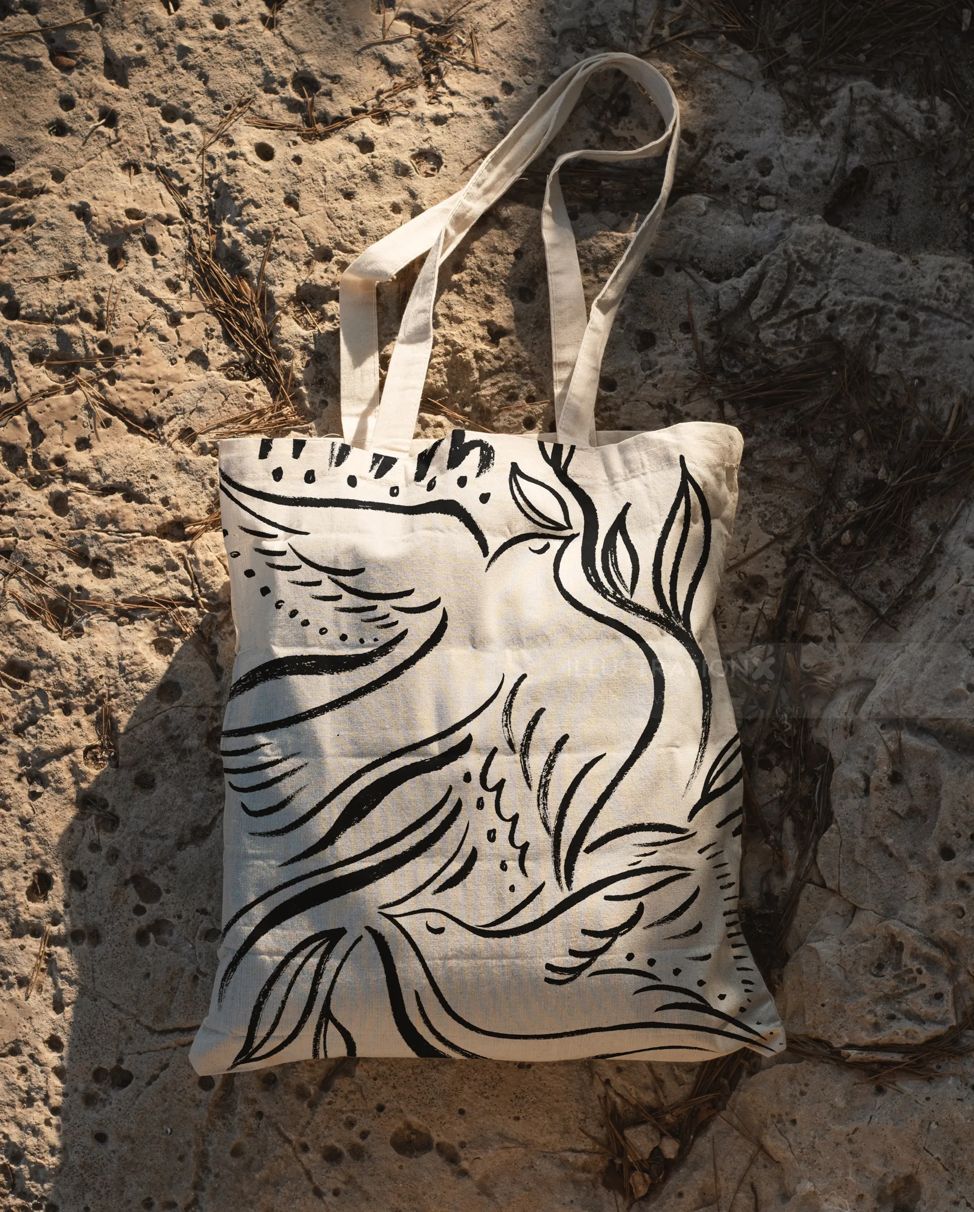 Canvas tote bag with abstract bird design by Nadia Flower