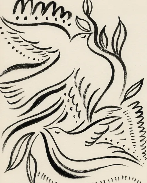 Abstract birds and leaves in black ink by Nadia Flower