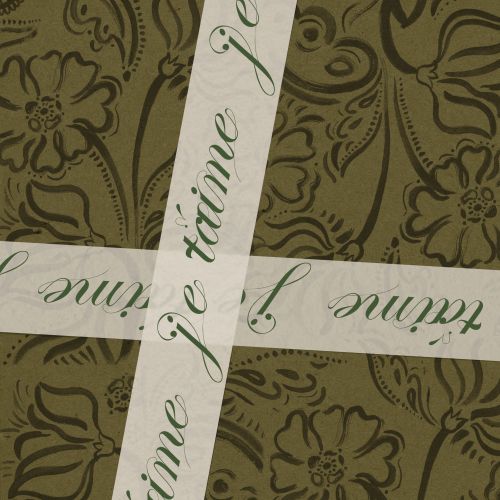 White strips with French cursive text over olive floral pattern, art by Nadia Flower