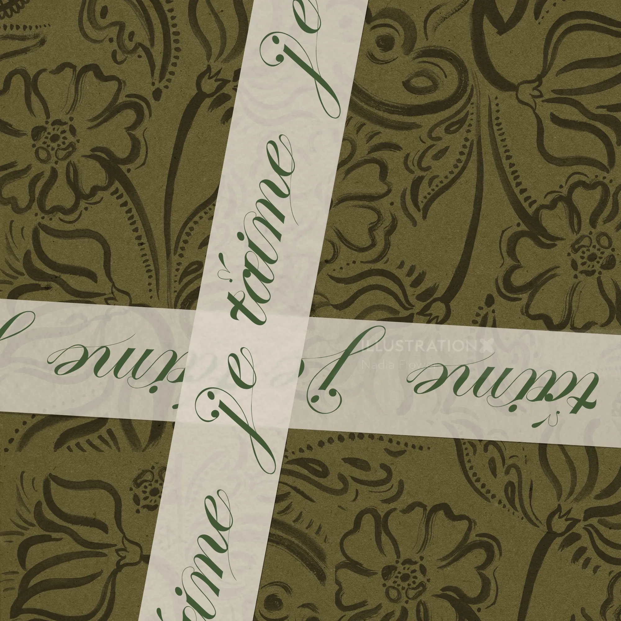 White strips with French cursive text over olive floral pattern, art by Nadia Flower