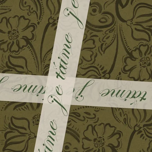 White strips with French cursive text over olive floral pattern, art by Nadia Flower