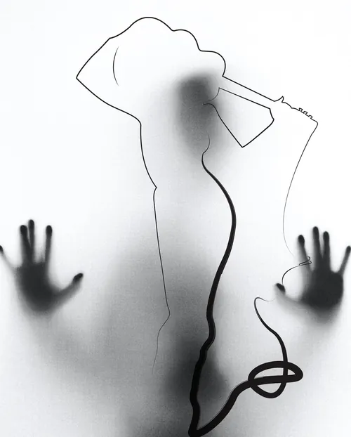 Silhouette of person pressing hands on glass with distorted cord, by Nadia Flower