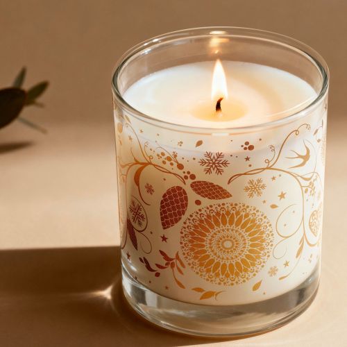 Lit scented candle in glass with gold floral design by Nadia Flower