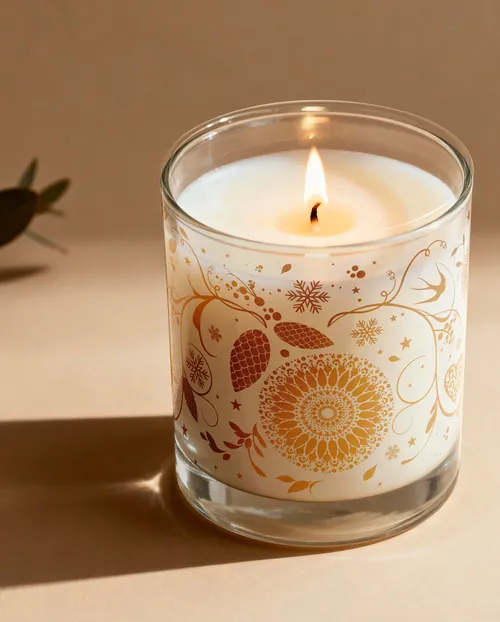 Lit scented candle in glass with gold floral design by Nadia Flower