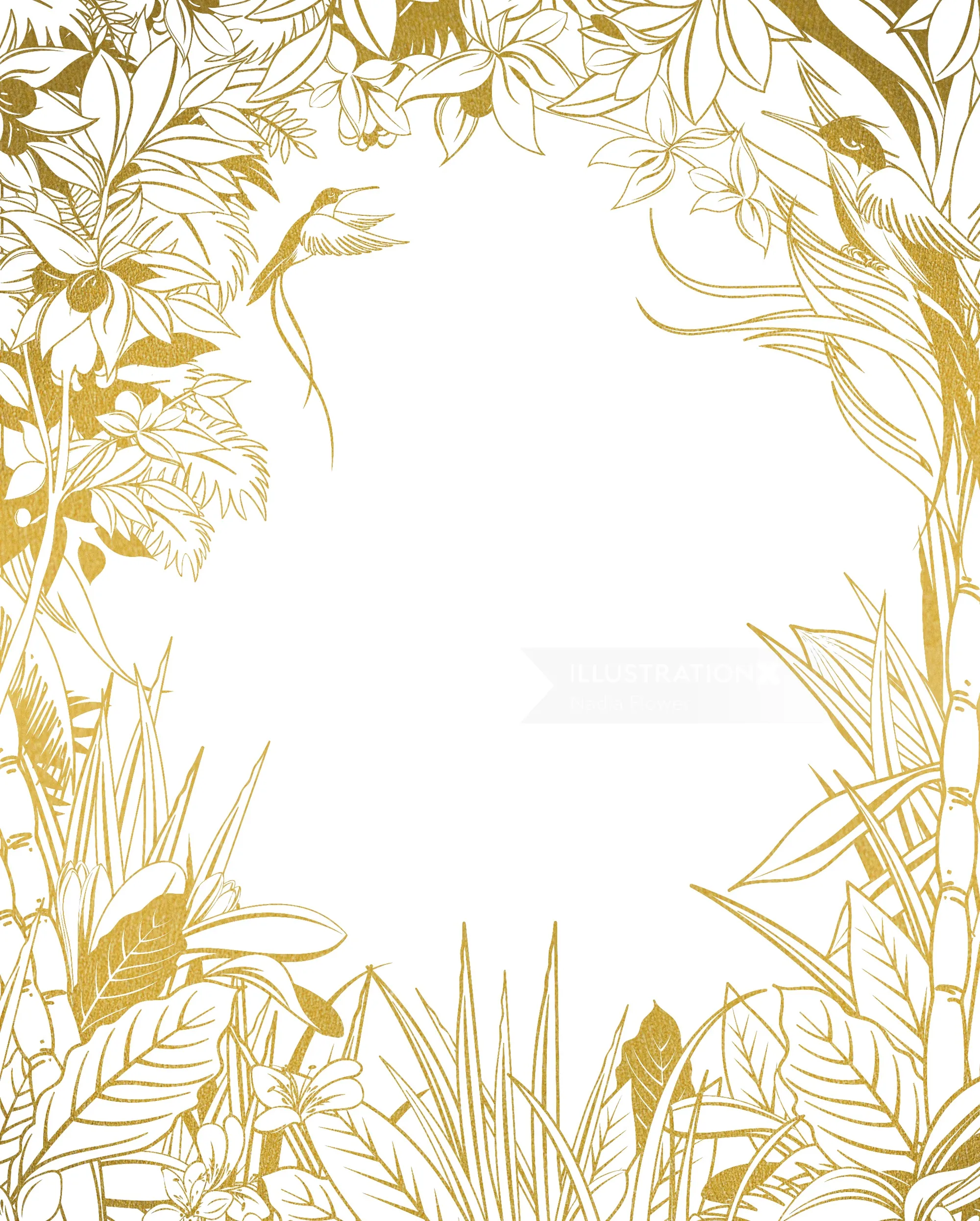 Golden botanical frame with leaves and flowers by Nadia Flower