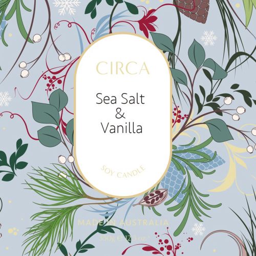 Botanical pattern with leaves and berries labeled Sea Salt & Vanilla by Nadia Flower