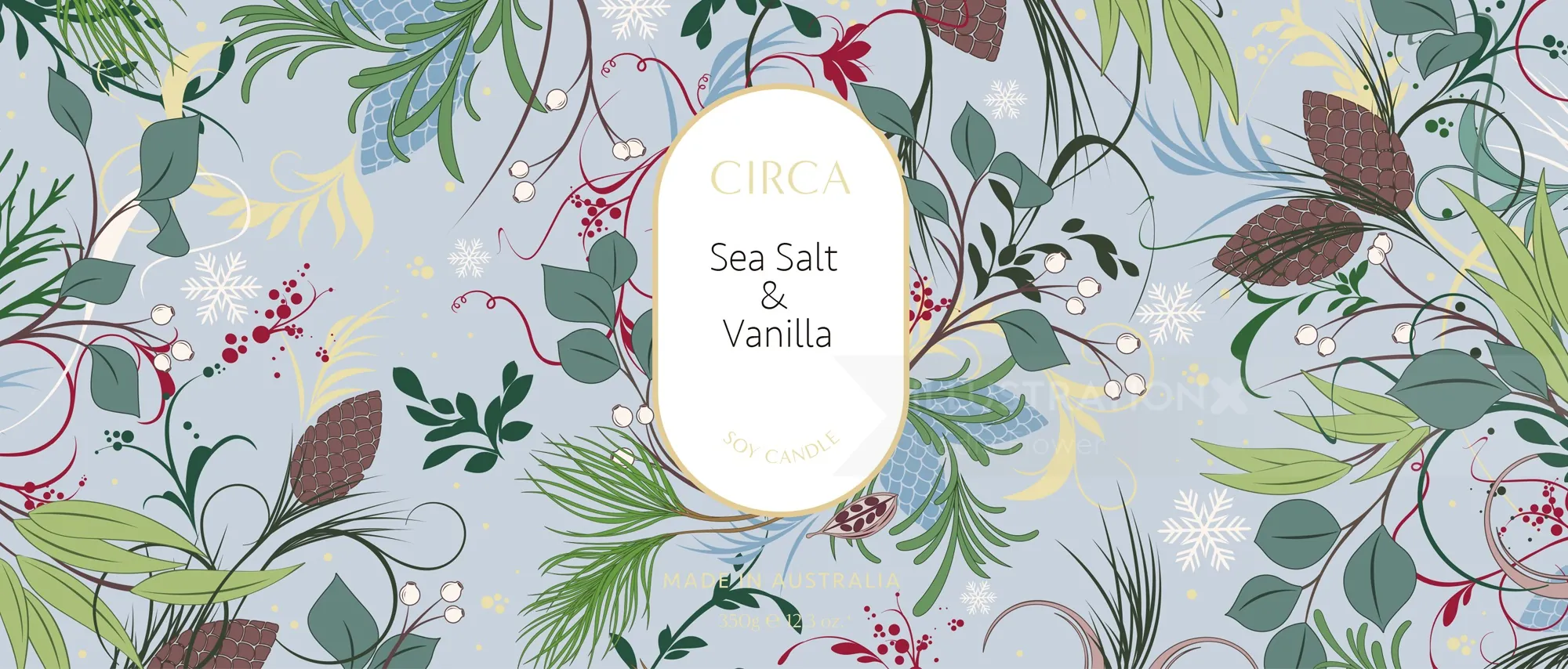Botanical pattern with leaves and berries labeled Sea Salt & Vanilla by Nadia Flower