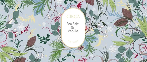 Botanical pattern with leaves and berries labeled Sea Salt & Vanilla by Nadia Flower