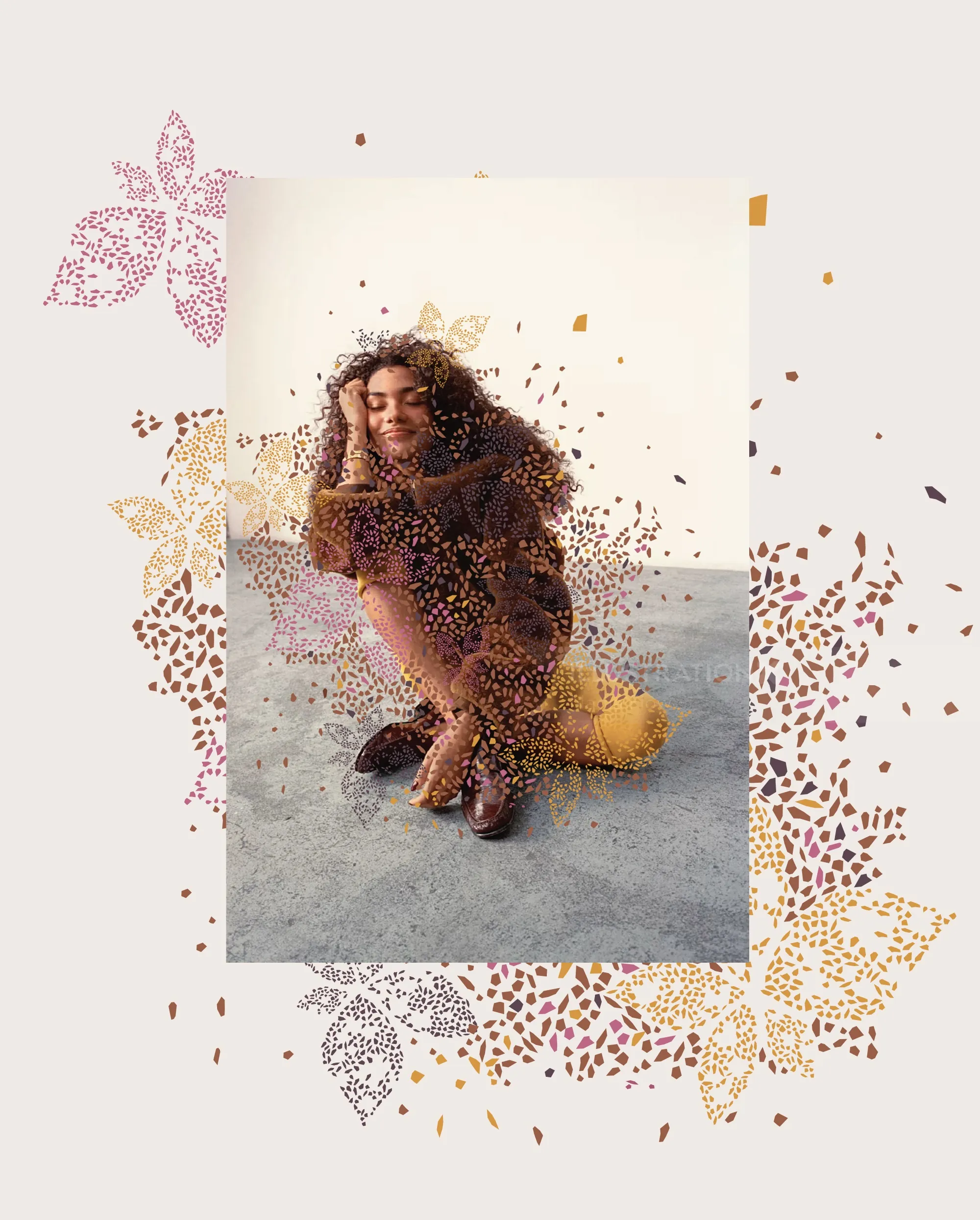 Woman kneeling with artistic floral pattern overlay by Nadia Flower