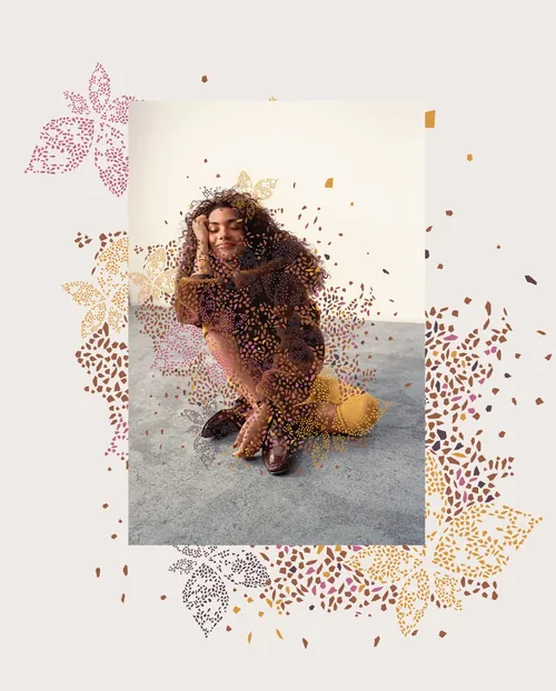 Woman kneeling with artistic floral pattern overlay by Nadia Flower