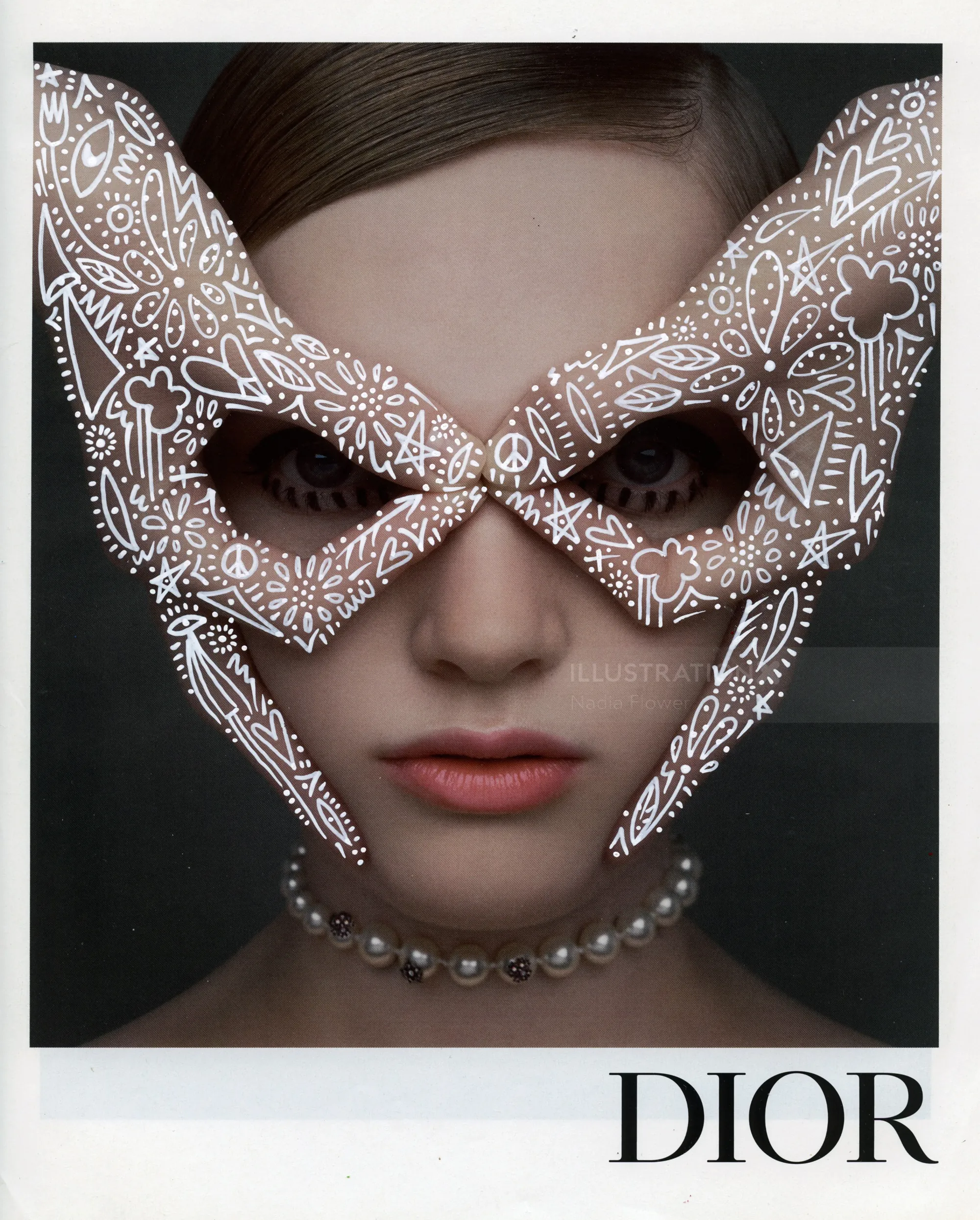 Portrait of woman with Dior face mask and pearl necklace by Nadia Flower