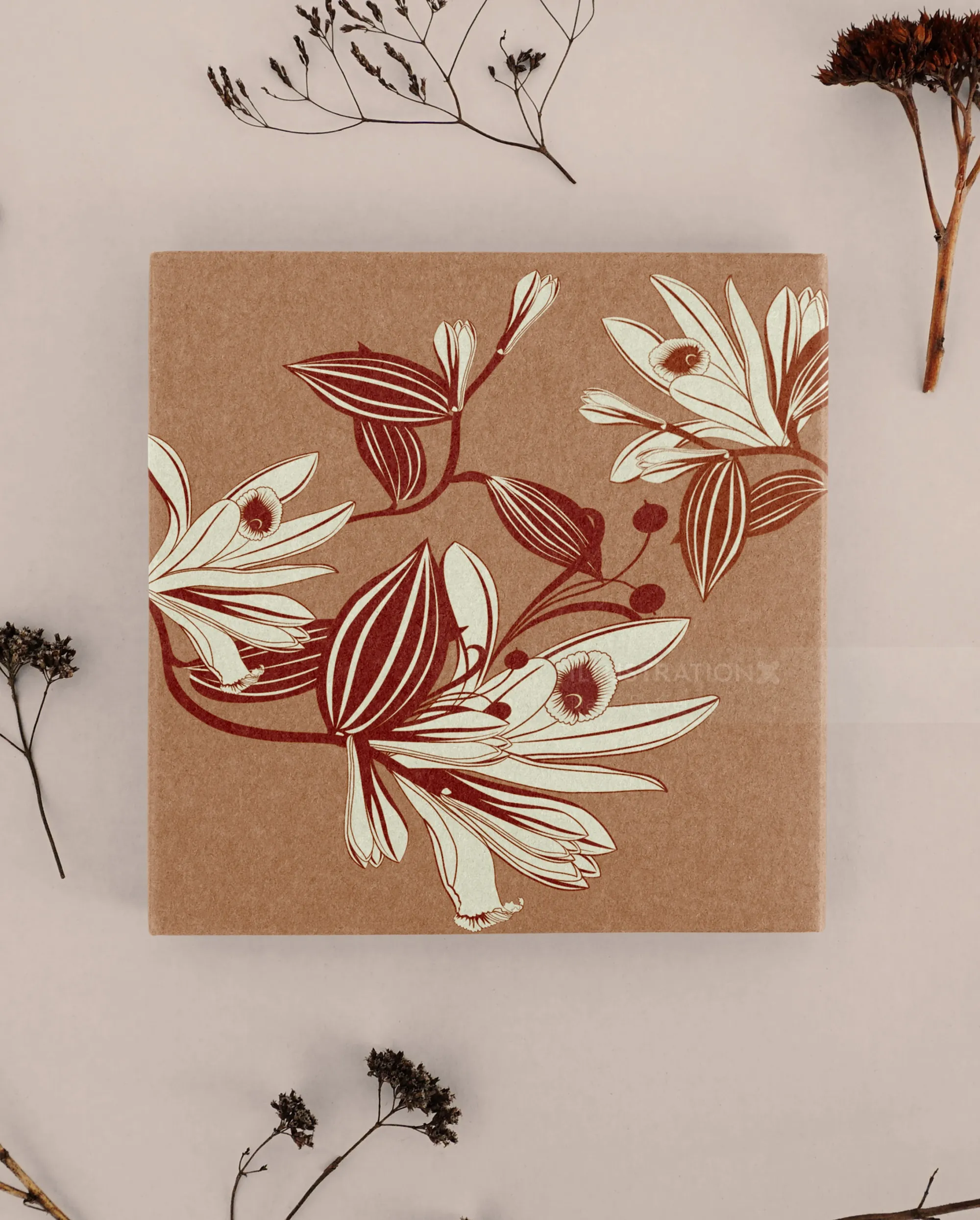Floral line art on canvas by Nadia Flower with dried flowers