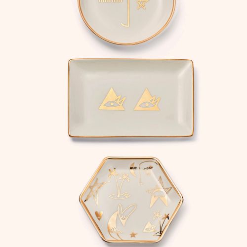 Minimalist ceramic plates with gold line art and shapes by Nadia Flower