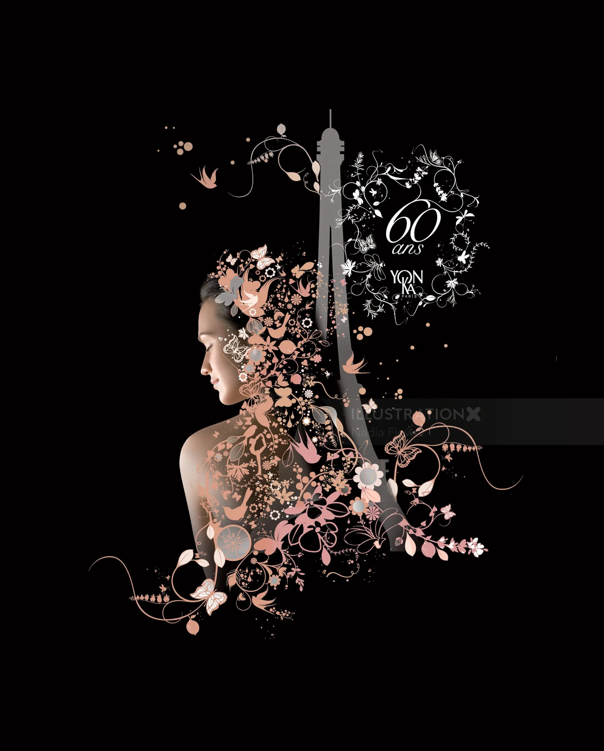 Digital artwork of woman's silhouette with Eiffel Tower and floral motifs by Nadia Flower