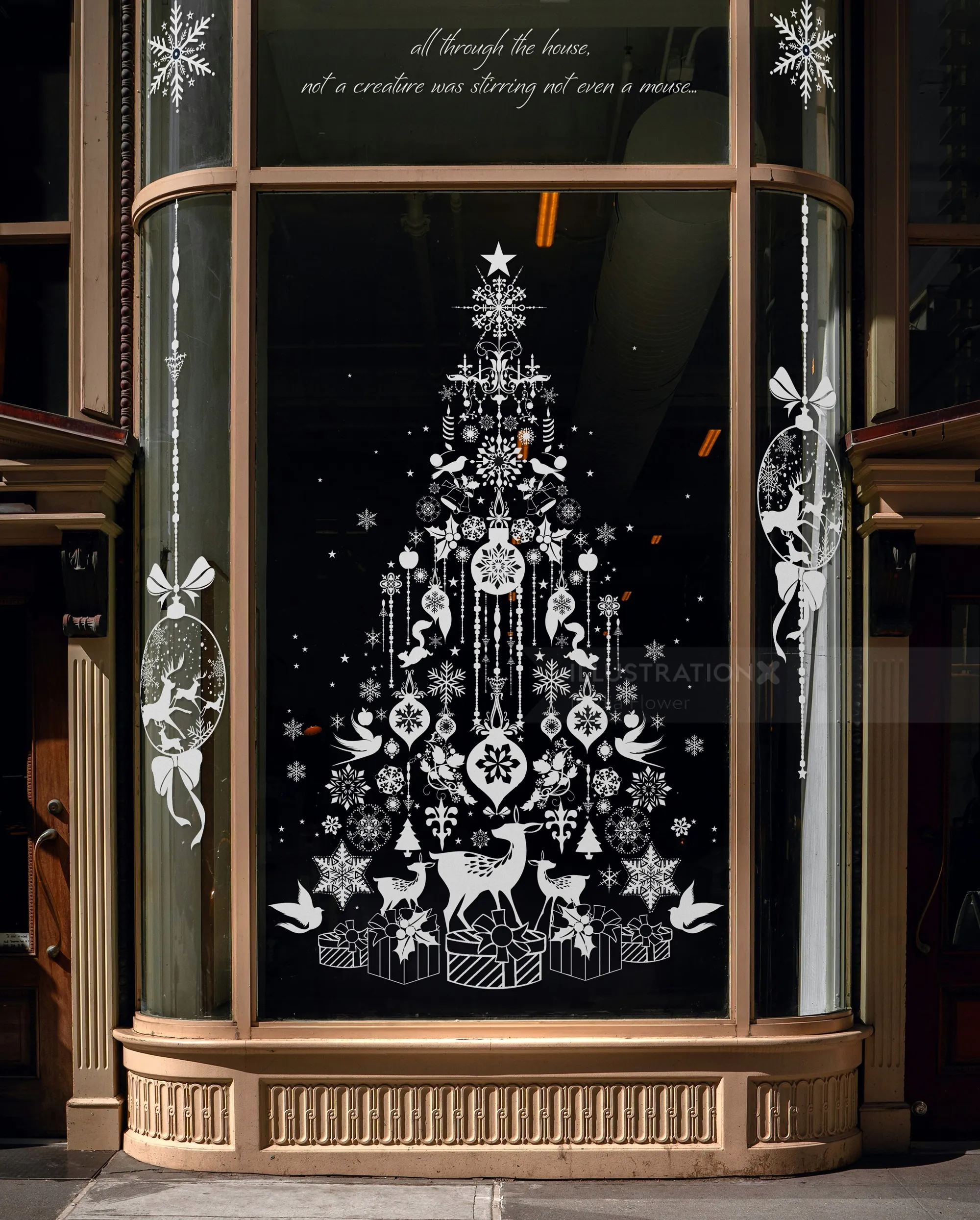 White illustrated Christmas tree with ornaments and animals on black window by Nadia Flower