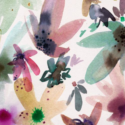 Abstract watercolor floral painting by Nadia Flower with colorful flowers and paint splashes