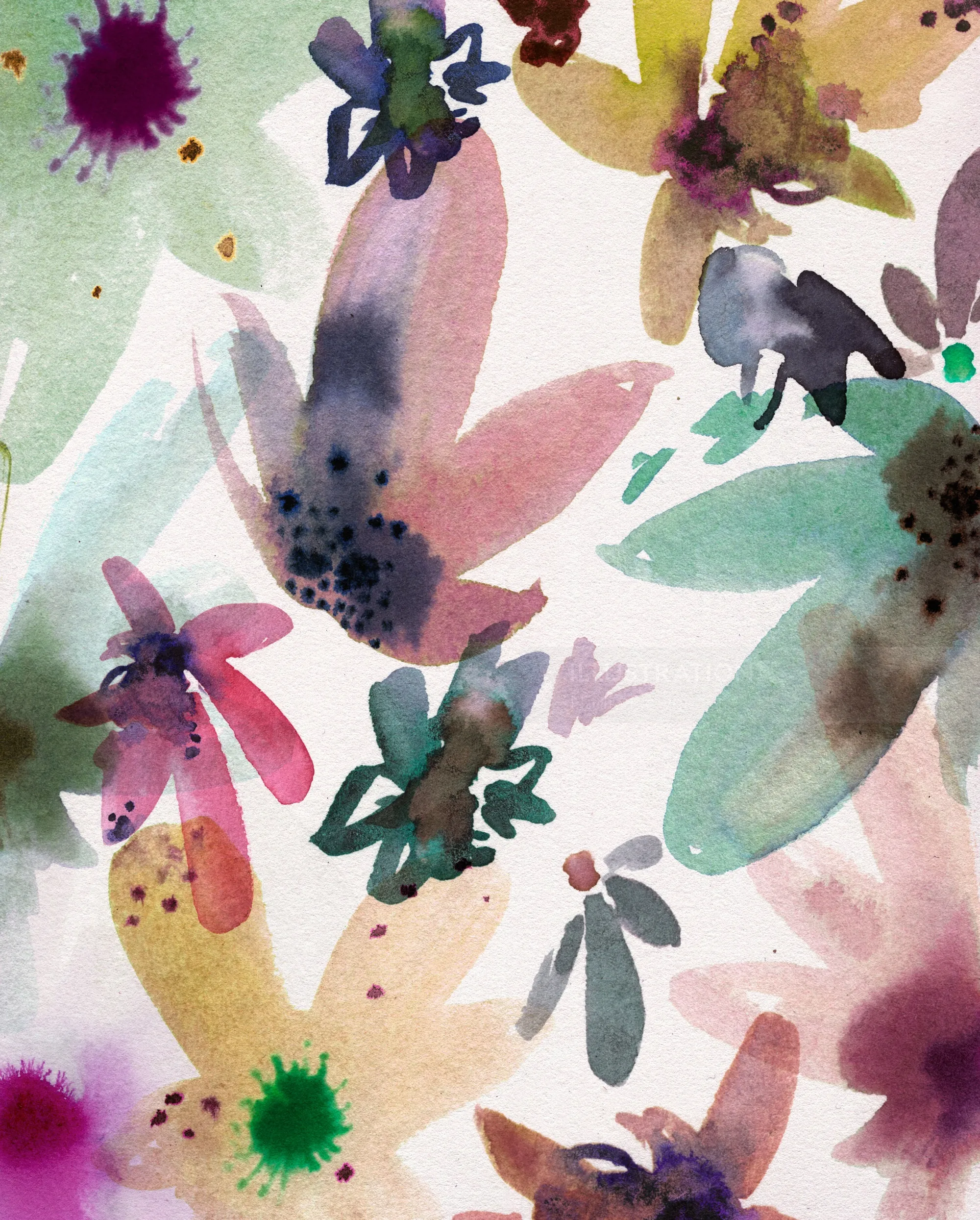 Abstract watercolor floral painting by Nadia Flower with colorful flowers and paint splashes