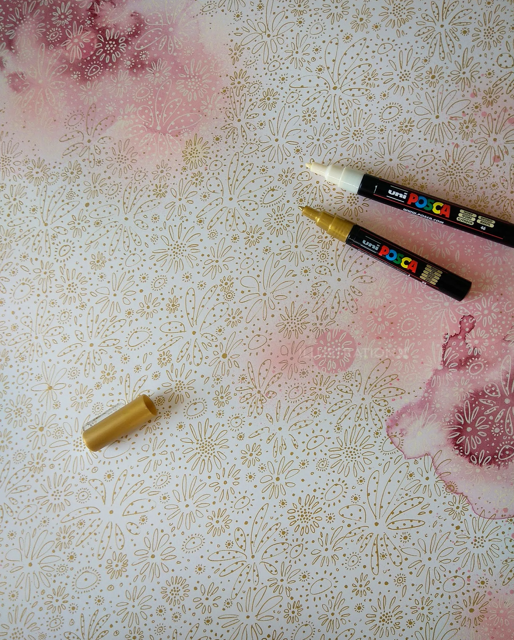 Gold and pink floral pattern with markers by Nadia Flower
