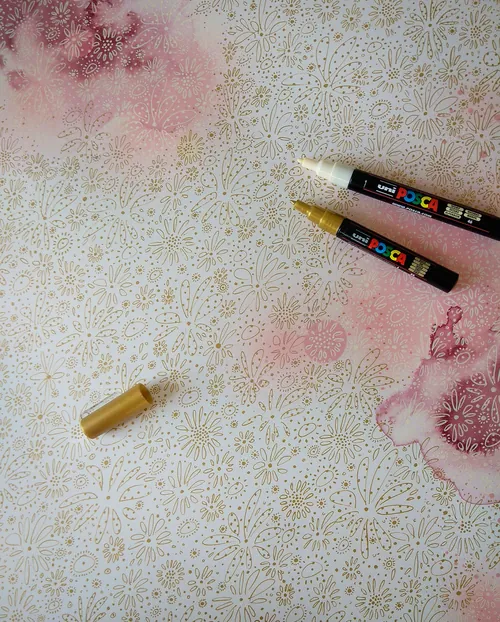 Gold and pink floral pattern with markers by Nadia Flower