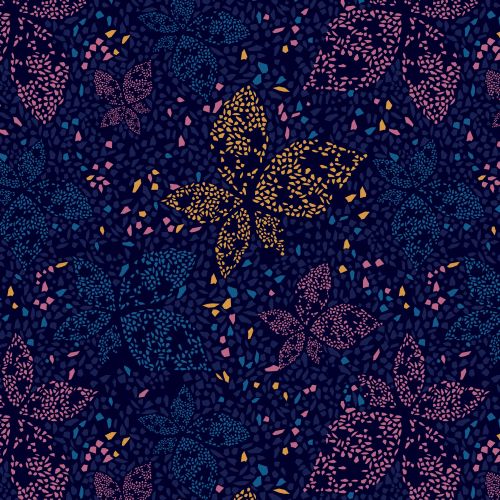 Floral pattern in navy, pink, purple, and gold by Nadia Flower