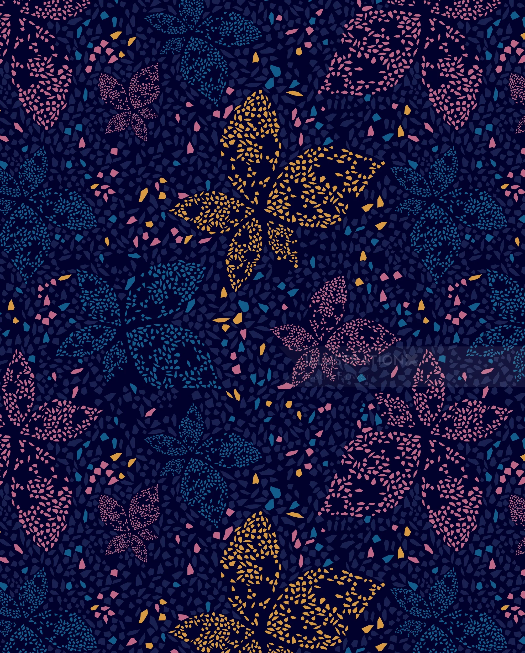 Floral pattern in navy, pink, purple, and gold by Nadia Flower