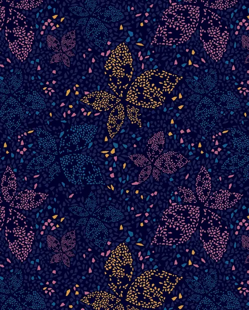 Floral pattern in navy, pink, purple, and gold by Nadia Flower