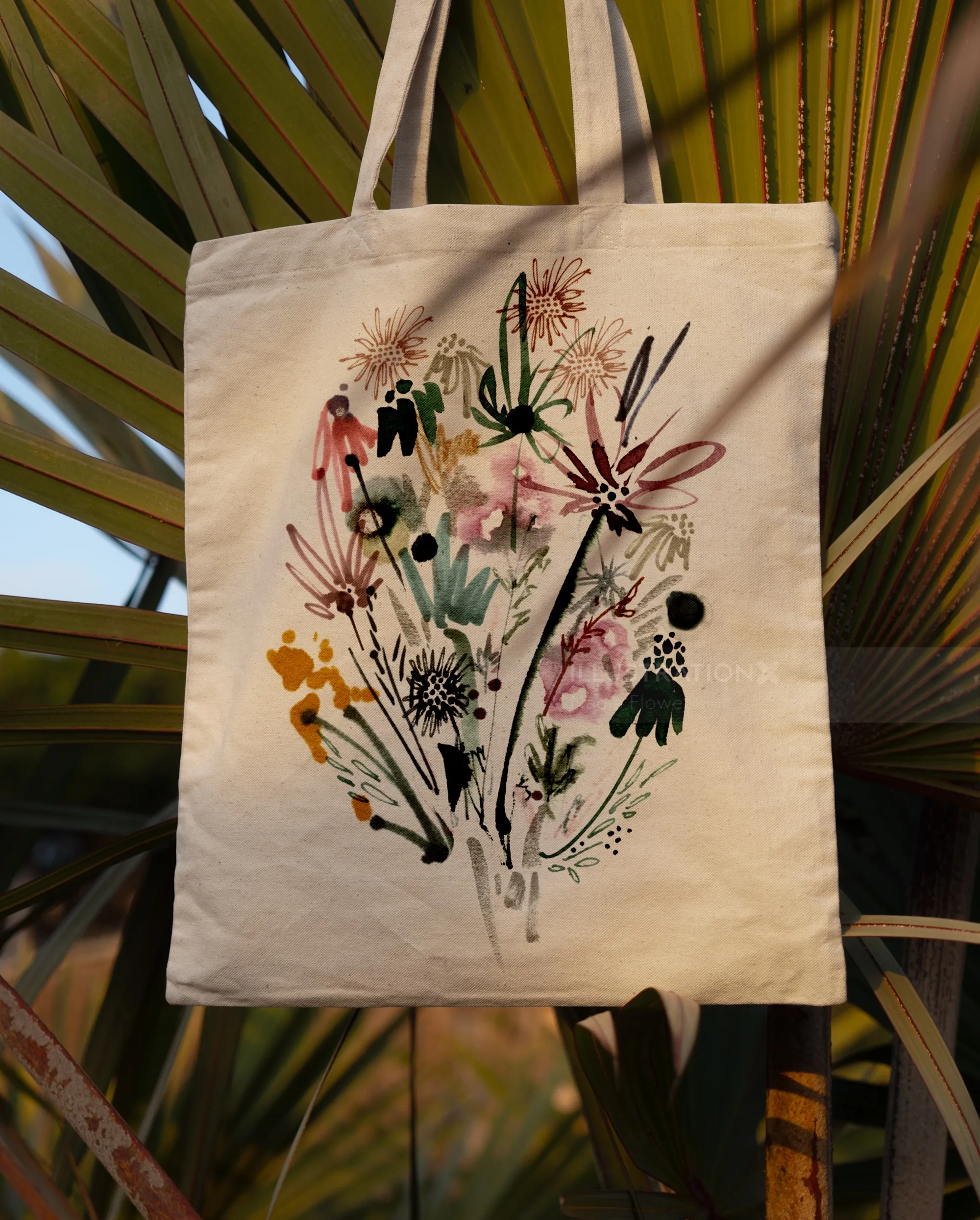 Nadia Flower Illustration florale botanique imprimée sur un sac fourre-tout en toile