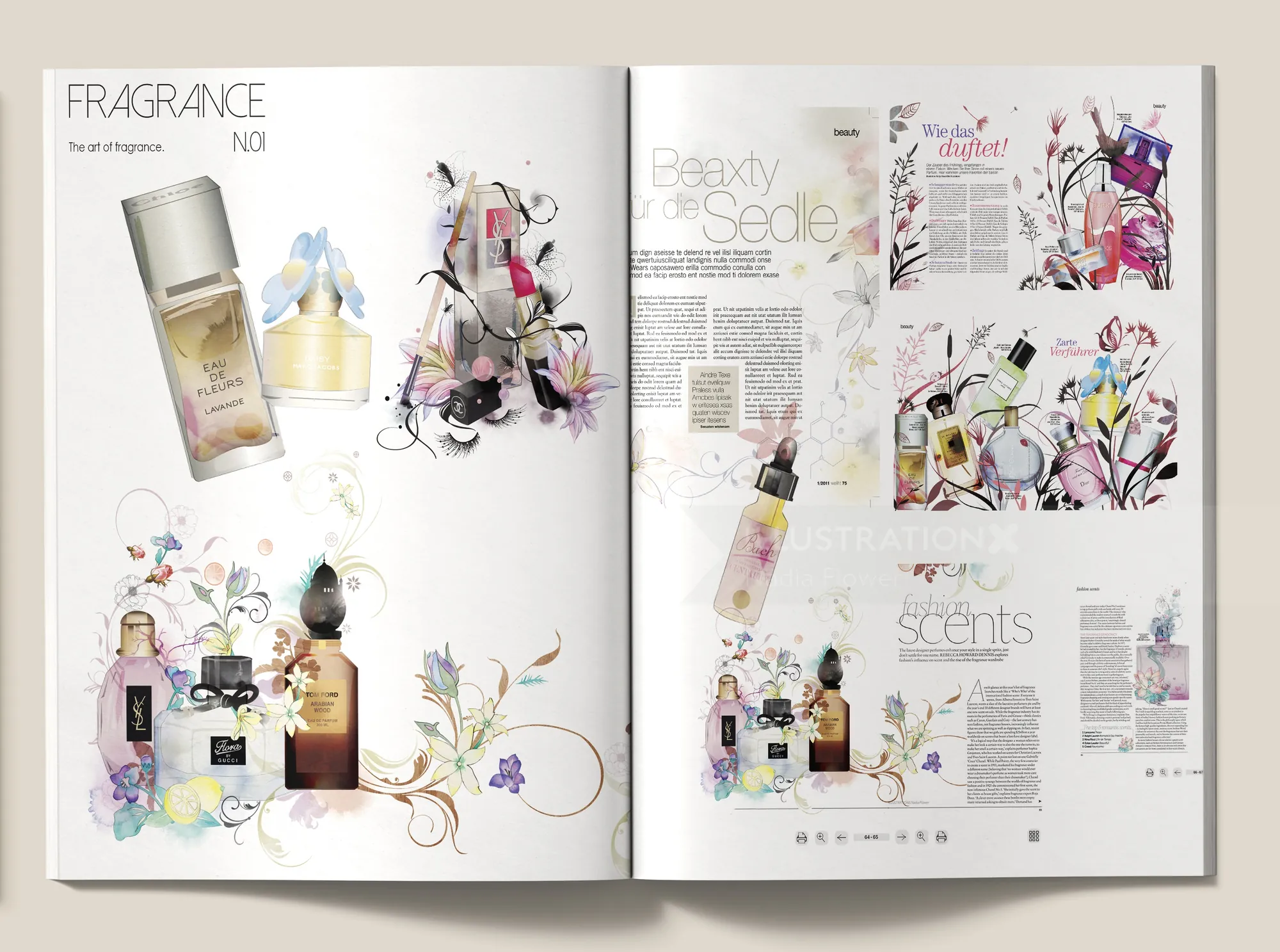 Nadia Flower Double page d'un magazine de parfums présentant des flacons de parfum et des illustrations de mode florale