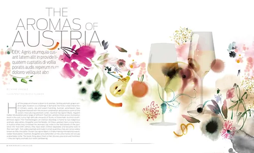 Botanical editorial spread with flowers, perfume imagery, and text, by Nadia Flower