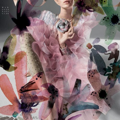 Nadia Flower collage of a woman in pink surrounded by butterflies and flowers