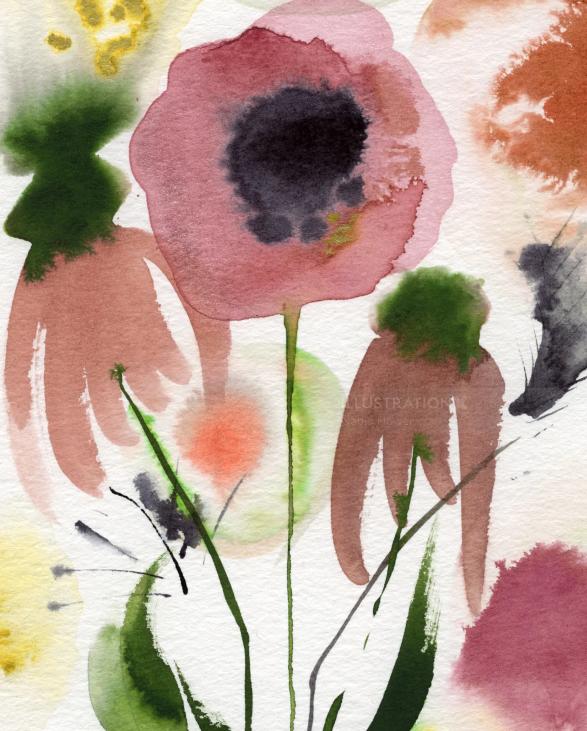 Abstract watercolor poppy flowers by Nadia Flower