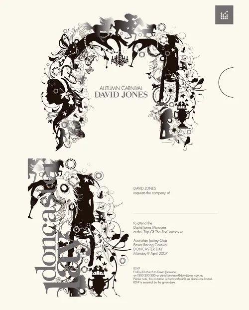 Nadia Flower 秋のカーニバルのためのアートワーク。華やかな白黒の花模様が特徴。