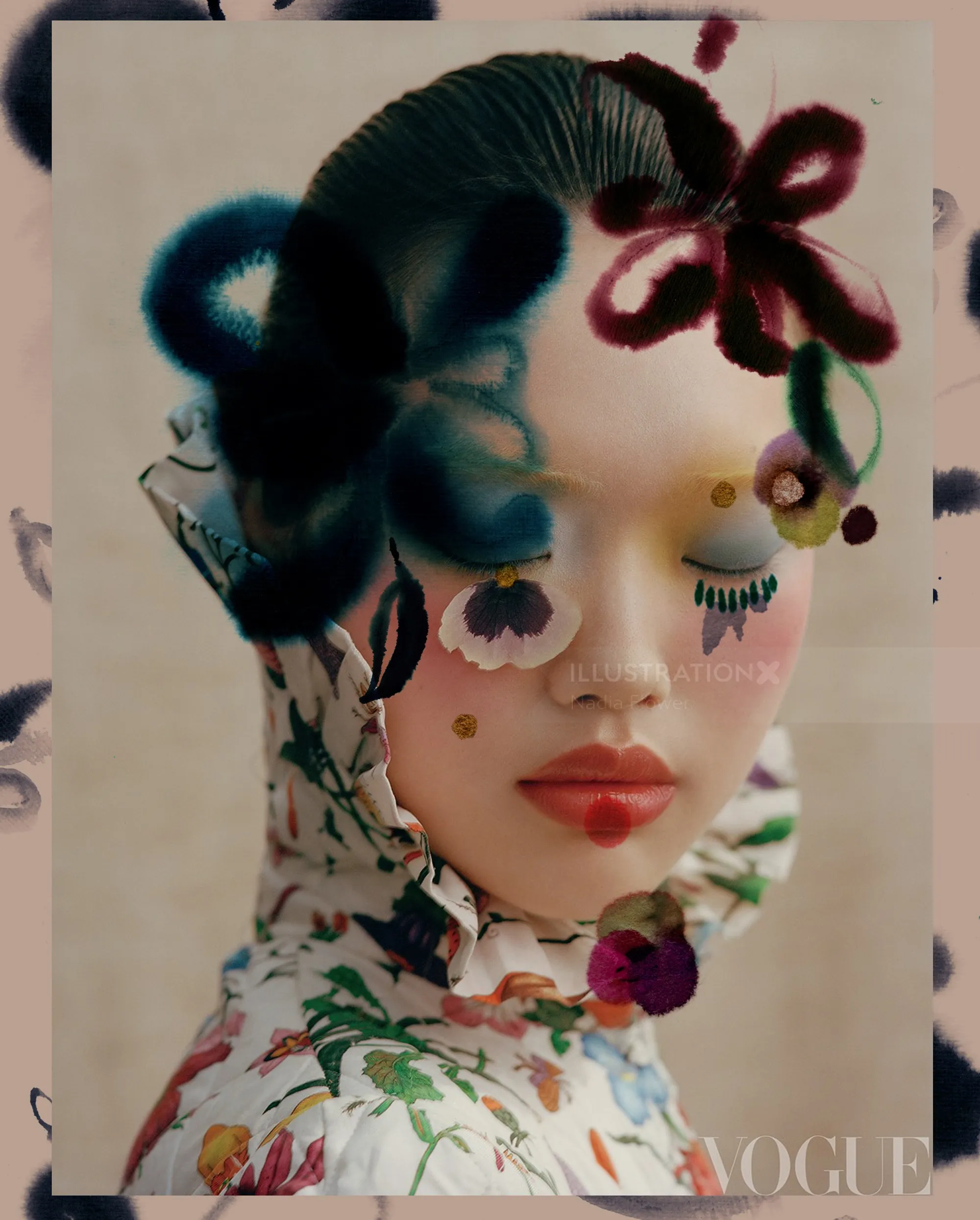 Nadia Flower artwork showing a floral fashion portrait on a Vogue cover