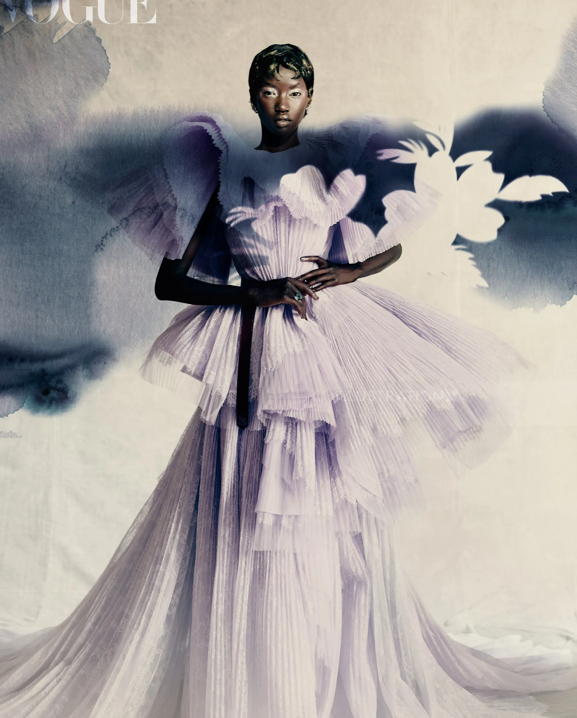 Nadia Flower artwork showing a person in a flowing white tulle dress with birds