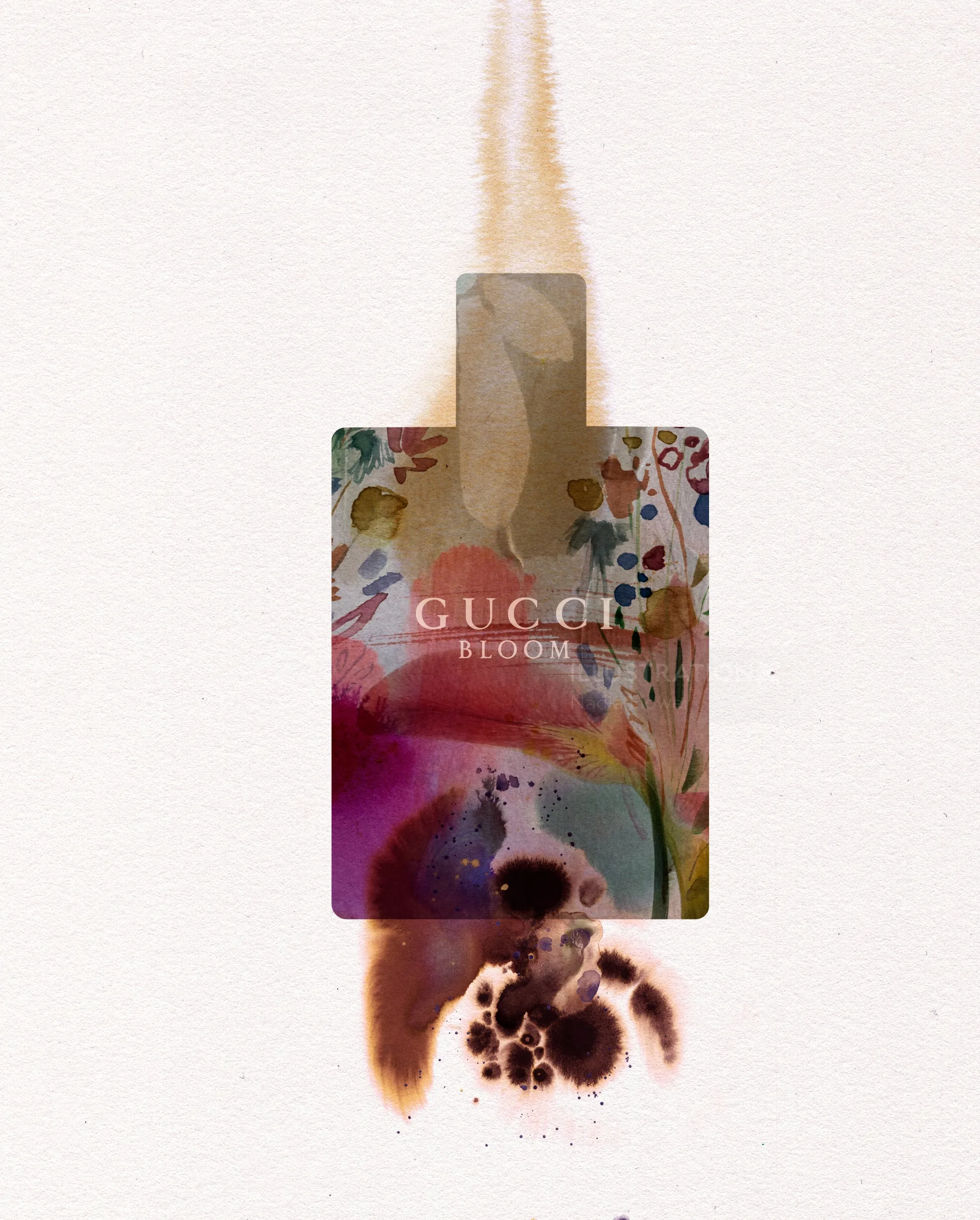 Nadia Flower artwork featuring a Gucci Bloom perfume bottle with colorful floral paint