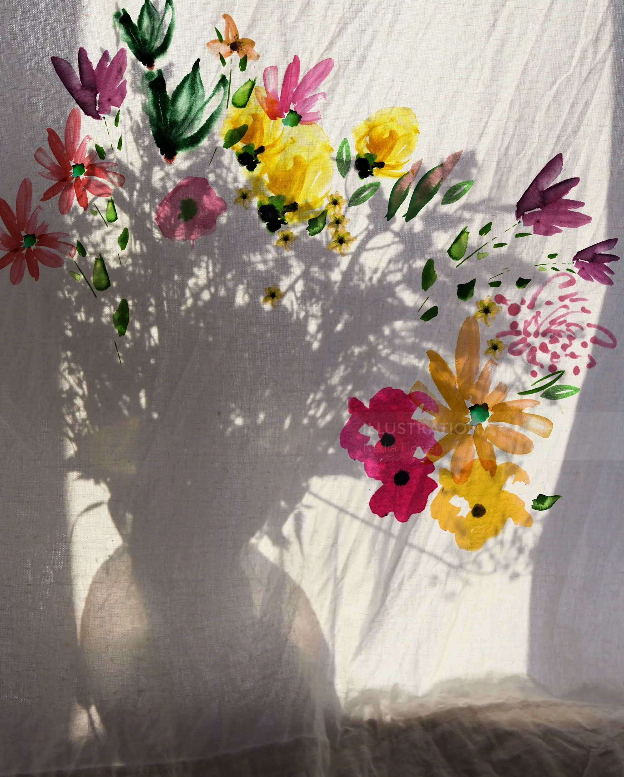 Nadia Flower artwork of colorful flowers and a vase casting a shadow