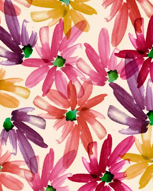 Nadia Flowerによる、鮮やかなピンク、紫、赤、オレンジ、黄色を使ったカラフルな抽象的な花の絵。