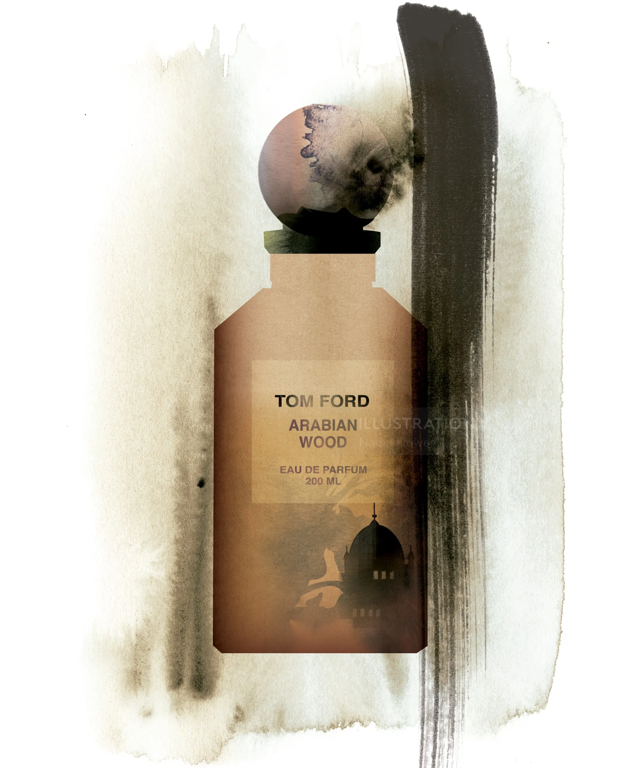 Nadia Flower artwork of a Tom Ford Arabian Wood perfume bottle