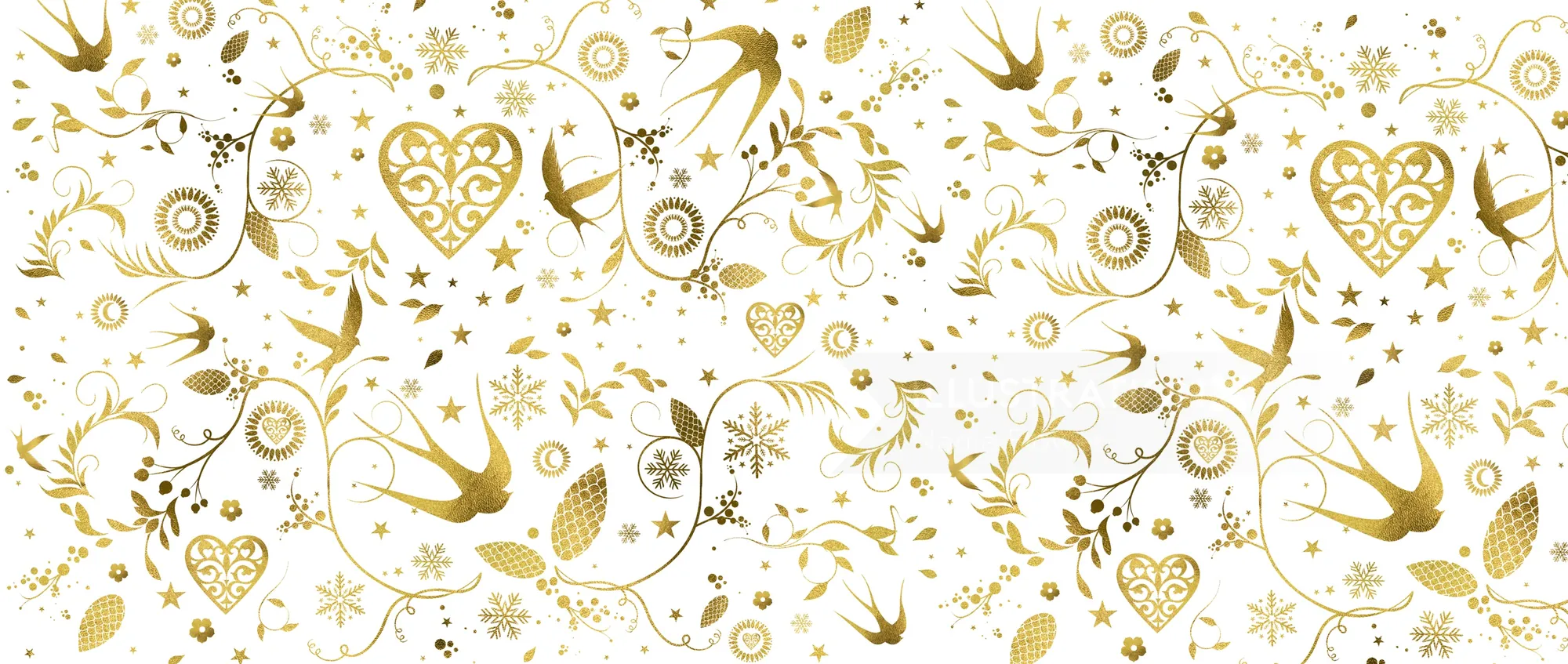 Nadia Flower pássaro dourado e padrão botânico com corações sobre fundo branco